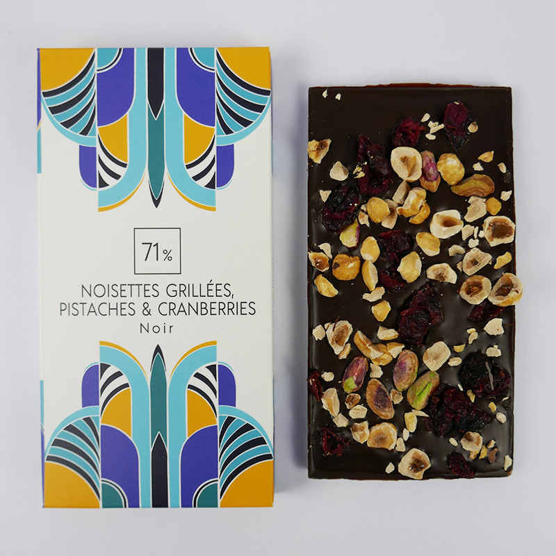 Tablette Noisettes grillées, pistaches et cranberries Noir 71%