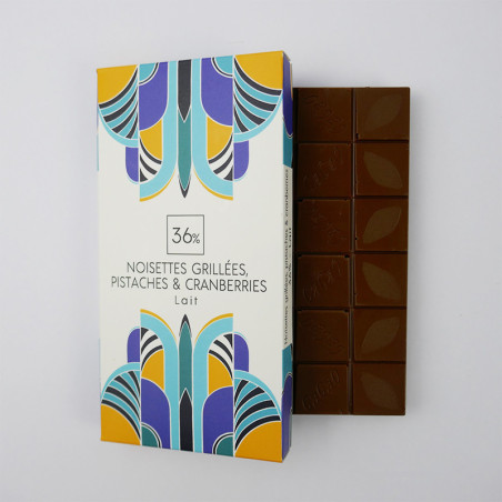 Tablette Noisettes grillées, pistaches et cranberries chocolat Lait 36%